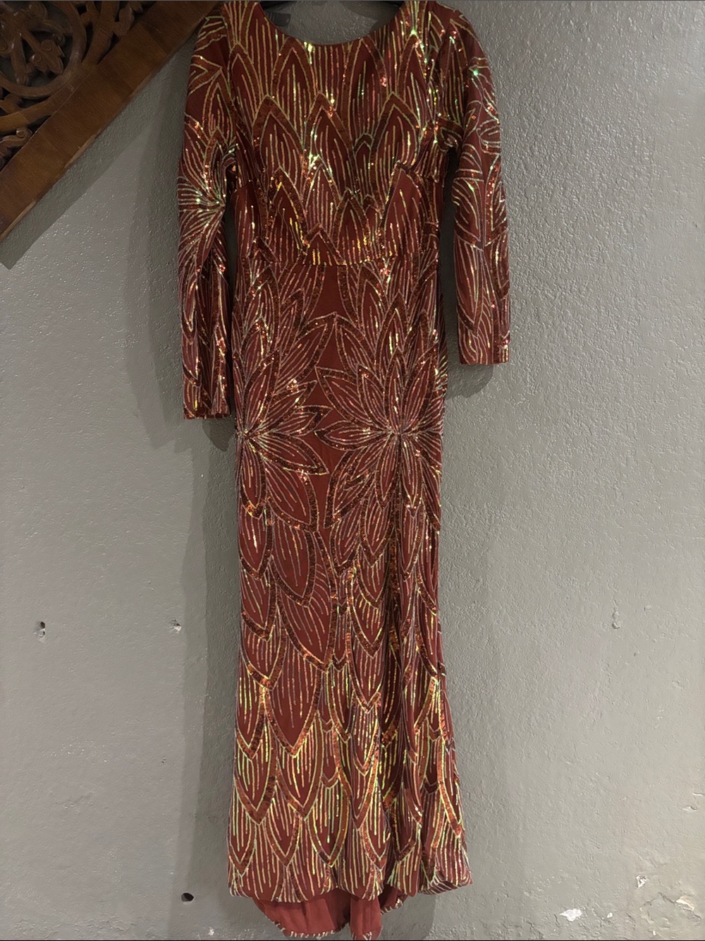 Rust Sequin Floral Long Sleeve Evening Dress